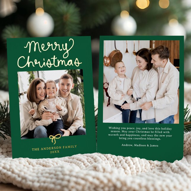 Whimsical Script Bow Green Christmas 2 Photo Foil Holiday Card (Creator Uploaded)