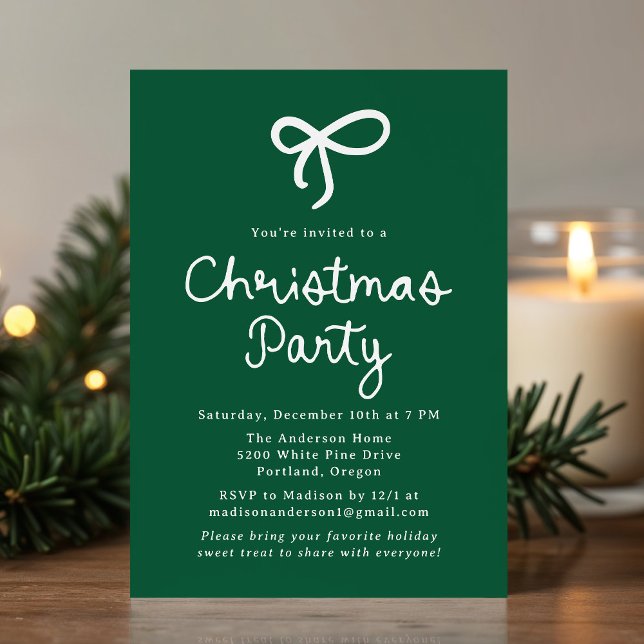 Whimsical Script Bow Green Christmas Party Invitation (Creator Uploaded)