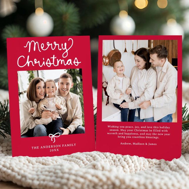 Whimsical Script Bow Red Christmas 2 Photo Holiday Card (Creator Uploaded)