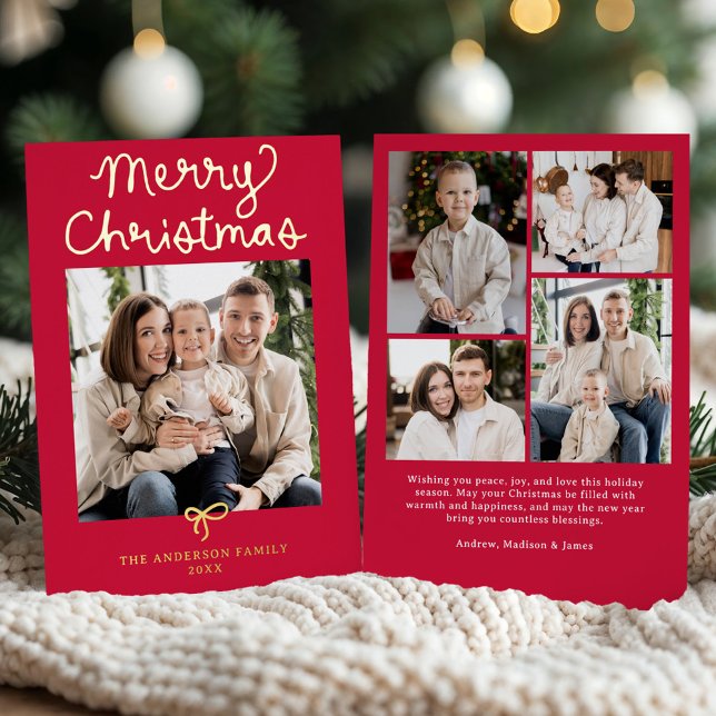 Whimsical Script Bow Red Christmas 5 Photo Foil Holiday Card (Creator Uploaded)
