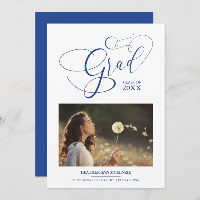 Whimsical Script Chic Navy Modern Photo Graduation Invitation (Front/Back)