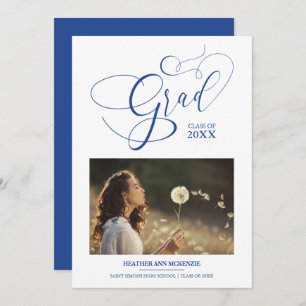 Whimsical Script Chic Navy Modern Photo Graduation Invitation