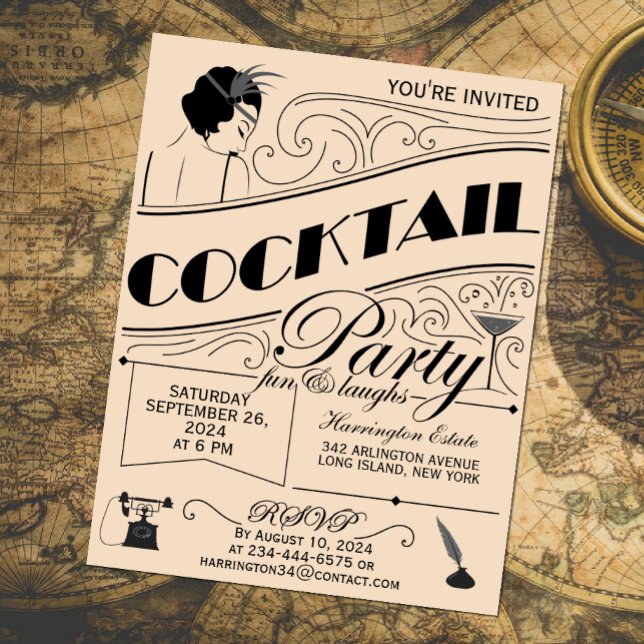 Whimsical script cocktail party invitation (Vintage cocktail party invitation, Gatsby style)