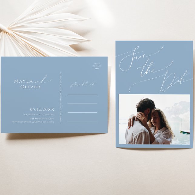 Whimsical Script | Dusty Blue Photo Save The Date Invitation Postcard (Creator Uploaded)