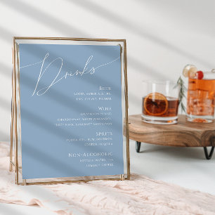 Whimsical Script Dusty Blue Wedding Drinks Menu Poster