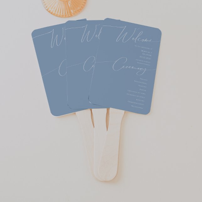 Whimsical Script | Dusty Blue Wedding Program Hand Fan (Creator Uploaded)