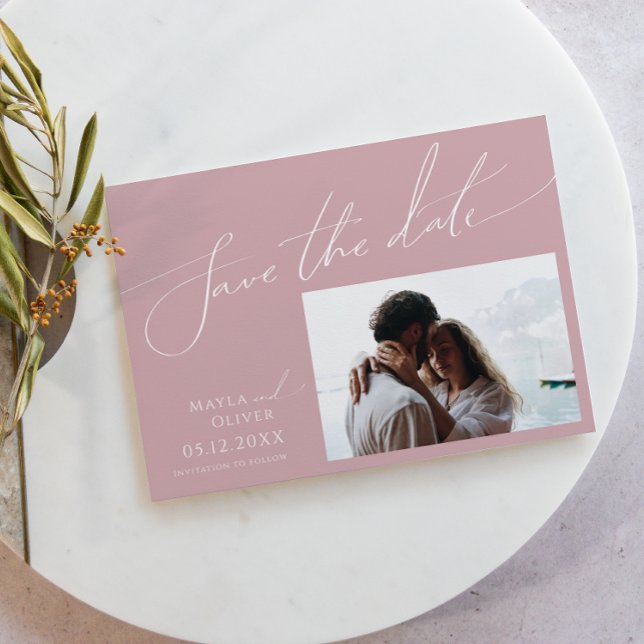 Whimsical Script | Dusty Rose Horizontal Photo Save The Date (Creator Uploaded)