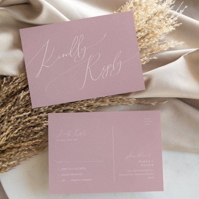 Whimsical Script | Dusty Rose Wedding RSVP Postcard (Creator Uploaded)