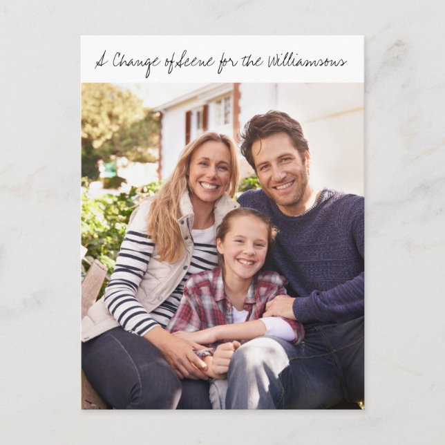 Whimsical Script Family Photo New Address Moving Announcement Postcard (Front)