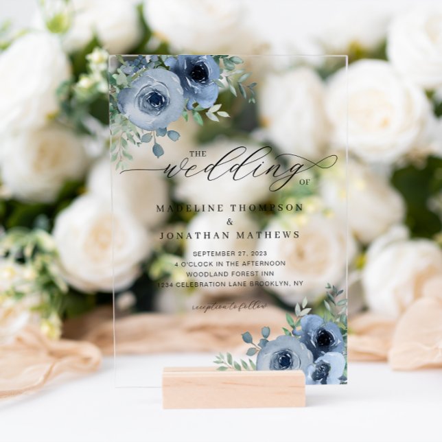 Whimsical Script Floral Dusty Blue Wedding Acrylic Invitations (Creator Uploaded)