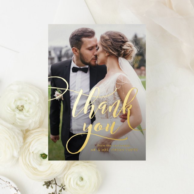 Whimsical Script Full Photo Wedding Thank You Foil Greeting Card (Creator Uploaded)