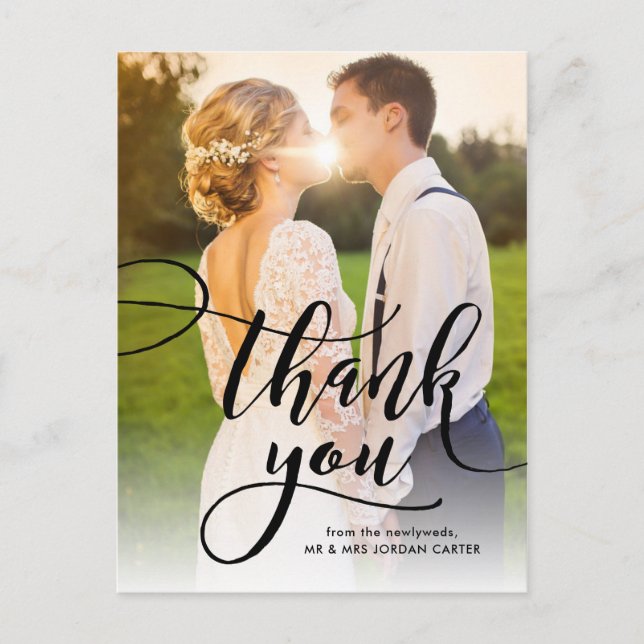 Whimsical Script Full Photo Wedding Thank You Postcard (Front)