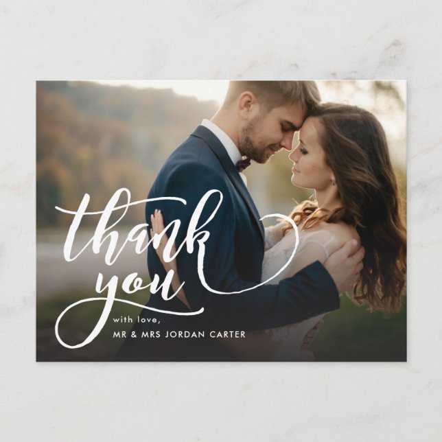 Whimsical Script Full Photo Wedding Thank You Postcard (Front)