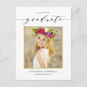 Whimsical Script Gold Glitter Photo Graduation Announcement Postcard