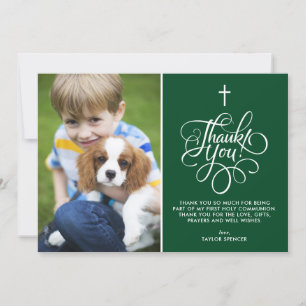 Whimsical Script Green First Holy Communion Photo Thank You Card