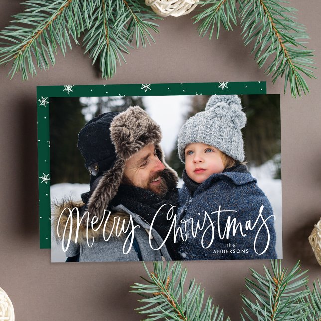 Whimsical Script Green Merry Christmas Photo Holiday Card (Creator Uploaded)