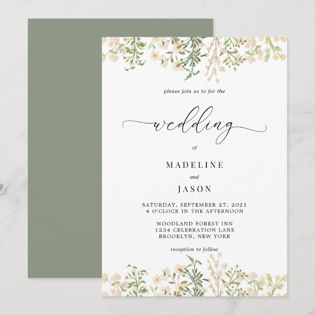 Whimsical Script Greenery Floral Wedding Invitation (Front/Back)