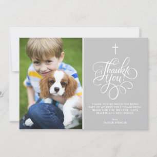 Whimsical Script Grey First Holy Communion Photo Thank You Card