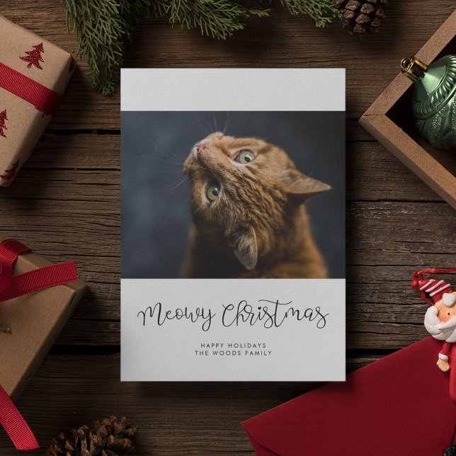 Whimsical script Meowy Christmas Pet photo Holiday Card (Creator Uploaded)