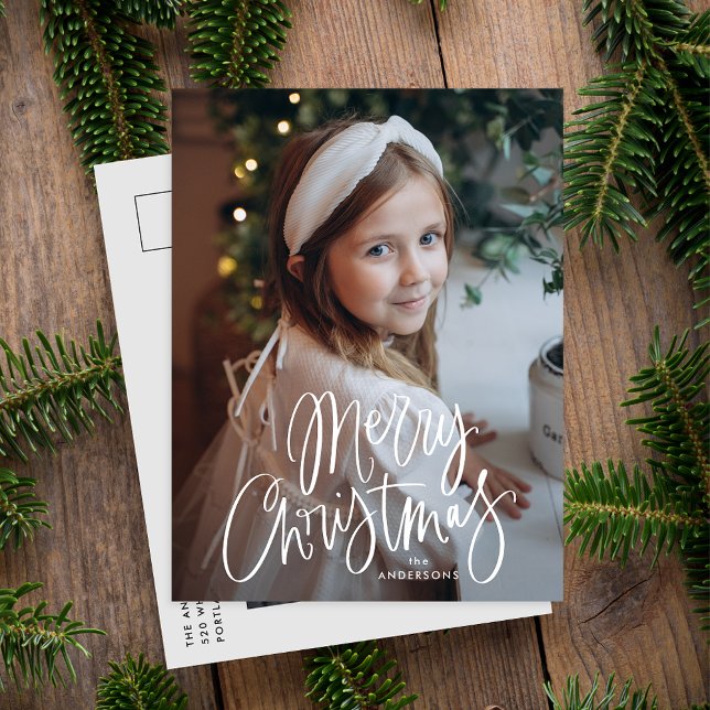 Whimsical Script Merry Christmas 2 Photo Holiday Postcard (Creator Uploaded)