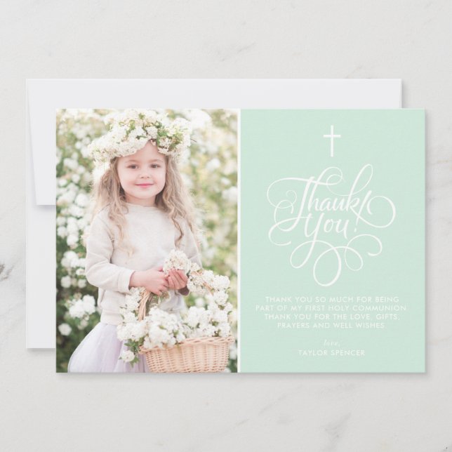 Whimsical Script Mint Green First Holy Communion Thank You Card (Front)