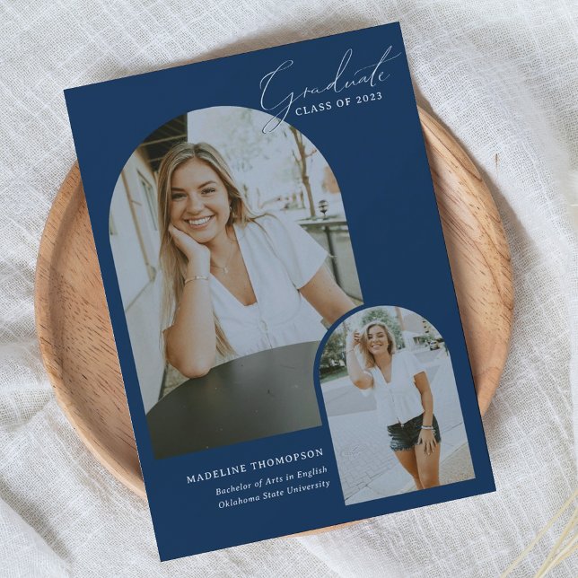Whimsical Script Navy Blue Arch Photo Graduation Announcement (Creator Uploaded)