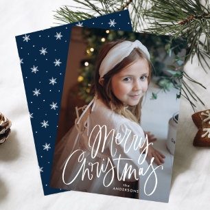 Whimsical Script Navy Merry Christmas Photo Holiday Card
