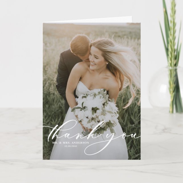 Whimsical Script Overlay Photo Wedding Thank You Card (Front)