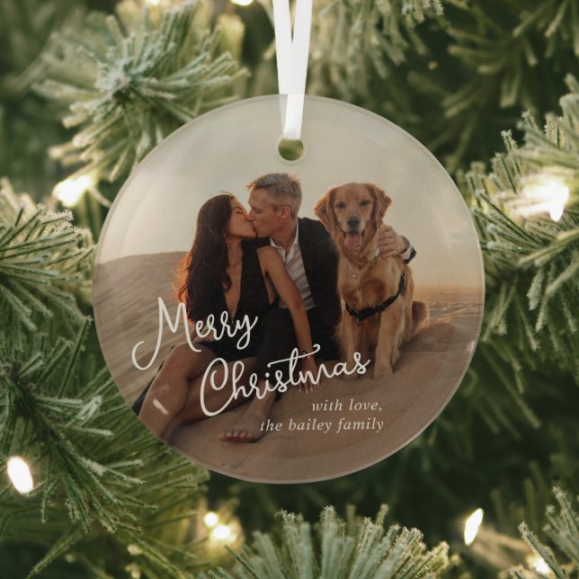 Whimsical Script Photo Modern Christmas Glass Tree Decoration (Insitu)