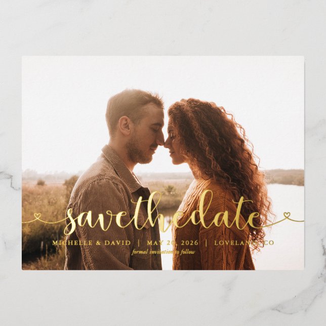 Whimsical Script Photo Wedding Save the Date  Foil Invitation Postcard (Front)