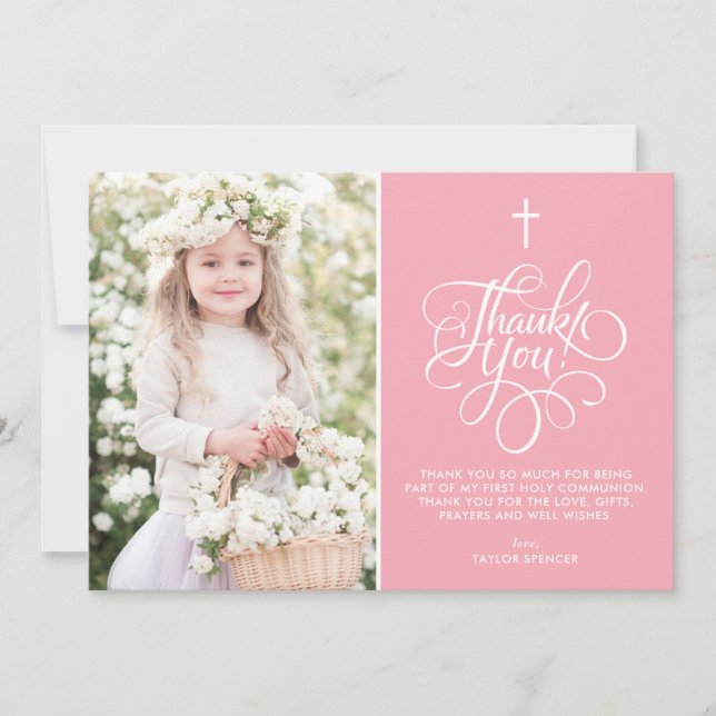 Whimsical Script Pink First Holy Communion Photo Thank You Card (Front)