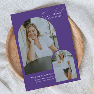 Whimsical Script Purple Arch Photo Graduation Announcement