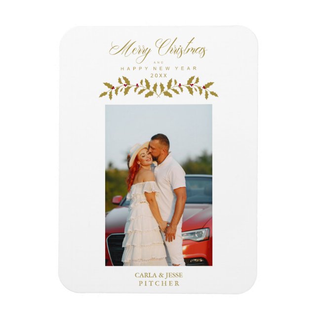 Whimsical Script Quote Photo Christmas Family Gold Magnet (Vertical)