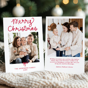 Whimsical Script Red Bow Christmas 2 Photo Holiday Card