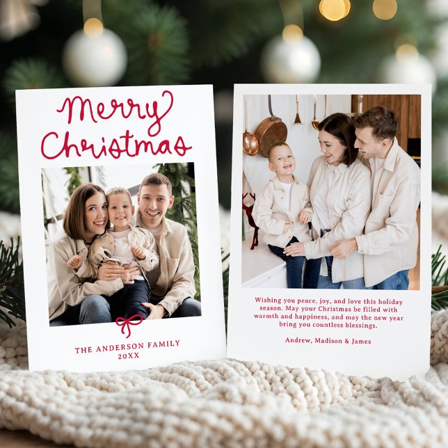 Whimsical Script Red Bow Christmas 2 Photo Holiday Card (Creator Uploaded)