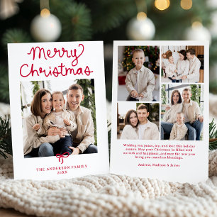 Whimsical Script Red Bow Christmas 5 Photo Holiday Card