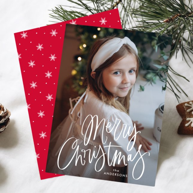 Whimsical Script Red Merry Christmas Photo Holiday Card (Creator Uploaded)