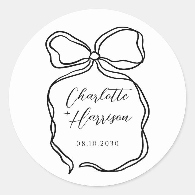 Whimsical Script Ribbon Border Wedding Classic Round Sticker (Front)