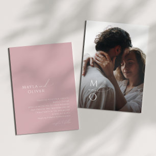 Whimsical Script Rose Monogram Photo Wedding Invitation