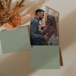 Whimsical Script Sage Green Photo Seal and Send All In One Invitation