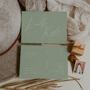 Whimsical Script   Sage Green Wedding RSVP Postcard