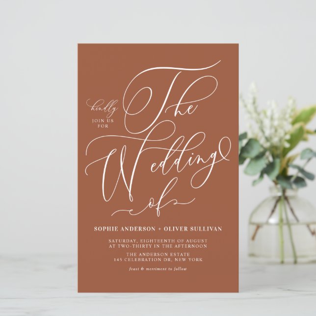 Whimsical Script Terracotta Wedding Invitation (Standing Front)
