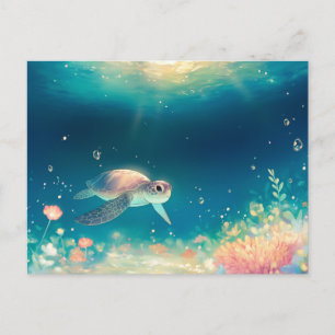 Whimsical Sea Turtle in Luminous Ocean Postcard