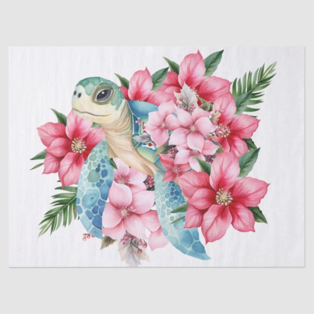 Whimsical  Sea Turtle & Pink Florals Tissue Paper (Front)