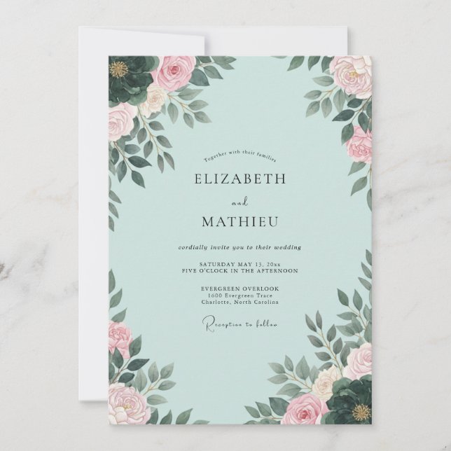 Whimsical Seafoam Peony Wedding Invitation (Front)