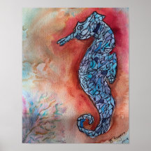 Whimsical  Seahorse on Watercolor Background