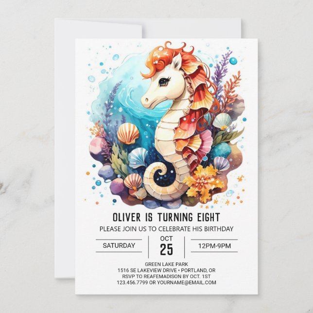 Whimsical Seahorse Splash Birthday Invitation (Front)