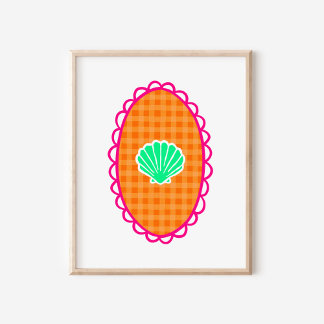 Whimsical Seashell Orange Gingham & Sea Green Poster
