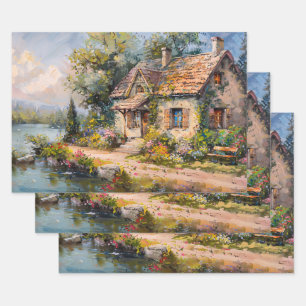 Whimsical Seaside Cottage Cottagecore Decoupage Wrapping Paper Sheet