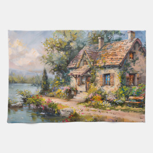 Whimsical Seaside Cottage Cottagecore Tea Towel